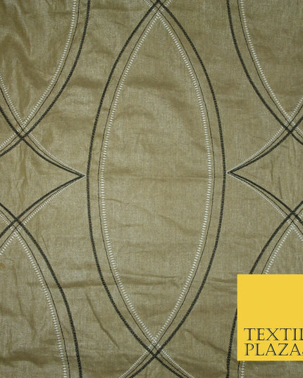 Premium Biscuit Gold Art Deco Embroidered Lurex Linen Upholstery Fabric 53" 4681