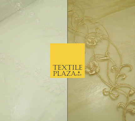 Luxury Ivory Gold Self Floral Stripe Embroidered 100% PURE SILK ORGANZA Fabric