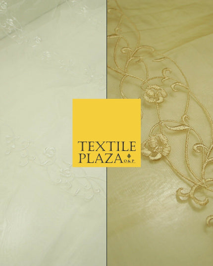 Luxury Ivory Gold Self Floral Stripe Embroidered 100% PURE SILK ORGANZA Fabric