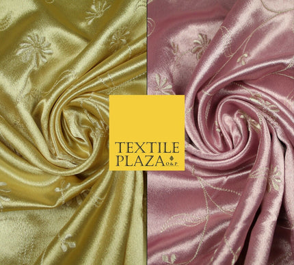 Premium Gold Pink Ivory Floral Embroidered Crepe Back Satin Dress Fabric 44"