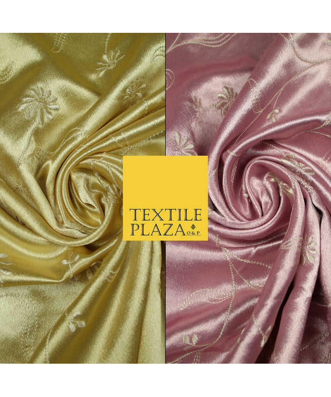 Premium Gold Pink Ivory Floral Embroidered Crepe Back Satin Dress Fabric 44"