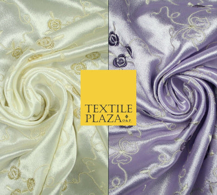 Premium Cream Lilac Floral Ribbons Embroidered Crepe Back Satin Dress Fabric 44"