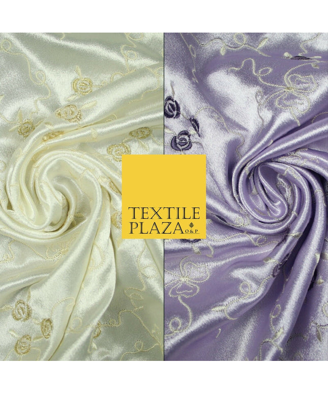Premium Cream Lilac Floral Ribbons Embroidered Crepe Back Satin Dress Fabric 44"