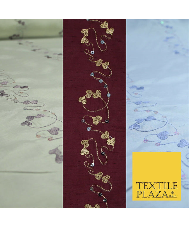 Premium Heart Strings Sequin Striped Embroidered Shantung Raw Silk Dress Fabric
