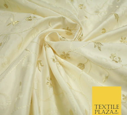 Luxury Ivory Gold Tulip Floral Vine Embroidered 100% PURE SATIN SILK Fabric 4658