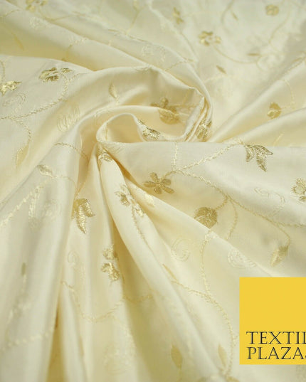 Luxury Ivory Gold Tulip Floral Vine Embroidered 100% PURE SATIN SILK Fabric 4658