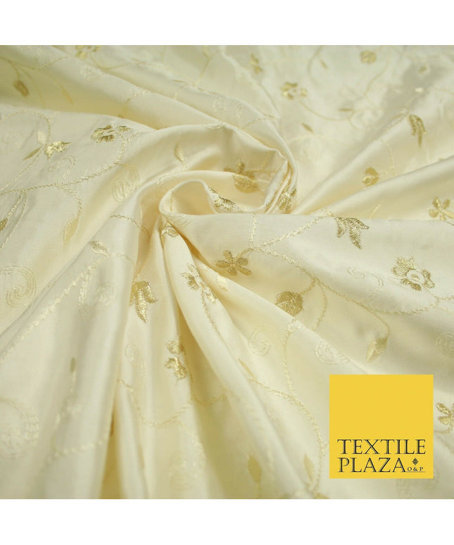 Luxury Ivory Gold Tulip Floral Vine Embroidered 100% PURE SATIN SILK Fabric 4658