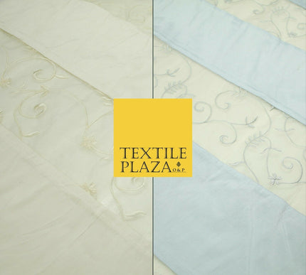 Luxury Ivory Blue Floral Stripe Panel Embroidered 100% PURE SILK ORGANZA Fabric