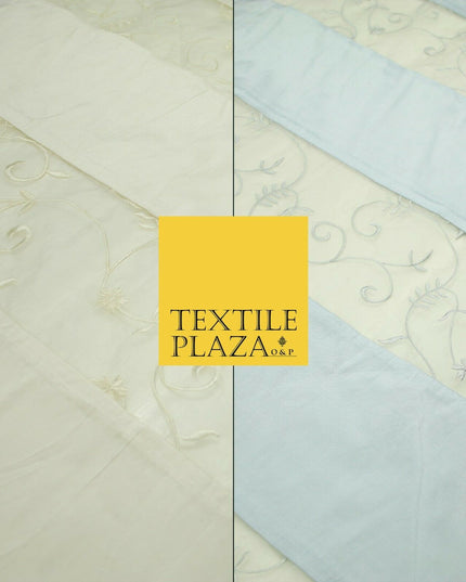 Luxury Ivory Blue Floral Stripe Panel Embroidered 100% PURE SILK ORGANZA Fabric