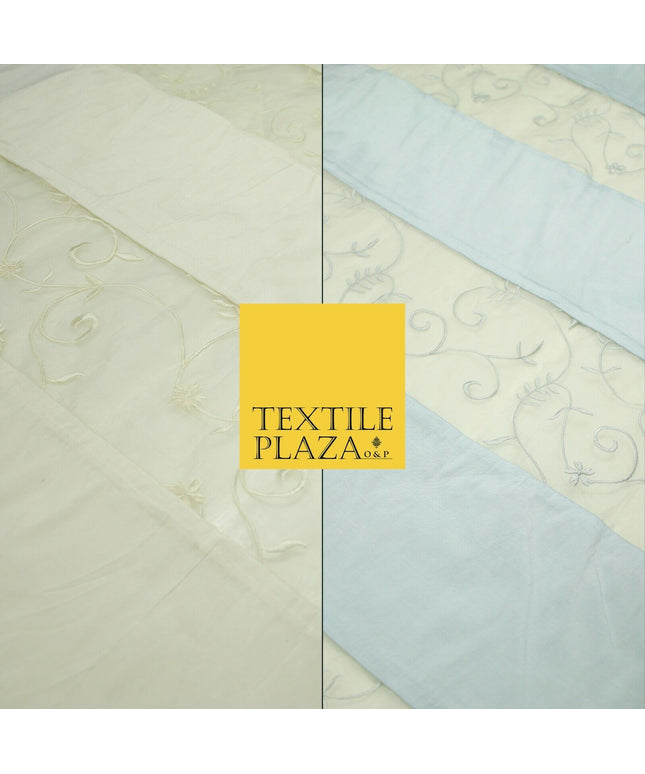 Luxury Ivory Blue Floral Stripe Panel Embroidered 100% PURE SILK ORGANZA Fabric