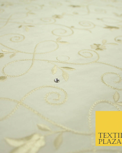 Luxury Ivory Floral Grandeur SWAROVSKI Embroidered 100% PURE SILK Fabric 45"4653
