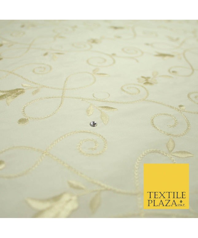 Luxury Ivory Floral Grandeur SWAROVSKI Embroidered 100% PURE SILK Fabric 45"4653