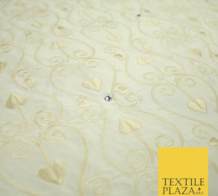 Luxury Ivory Floral Spade Leaf SWAROVSKI Embroidered 100% PURE SILK Fabric 4656