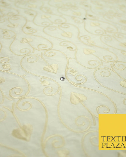 Luxury Ivory Floral Spade Leaf SWAROVSKI Embroidered 100% PURE SILK Fabric 4656
