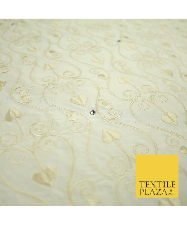 Luxury Ivory Floral Spade Leaf SWAROVSKI Embroidered 100% PURE SILK Fabric 4656