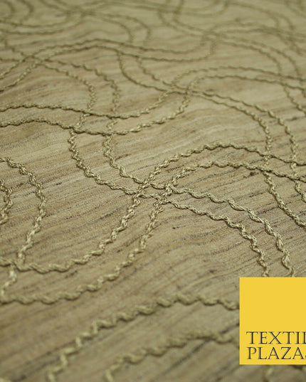 Luxury Beige Gold Tweed Effect Knot Wave Embroidered 100% PURE SILK Fabric 4659