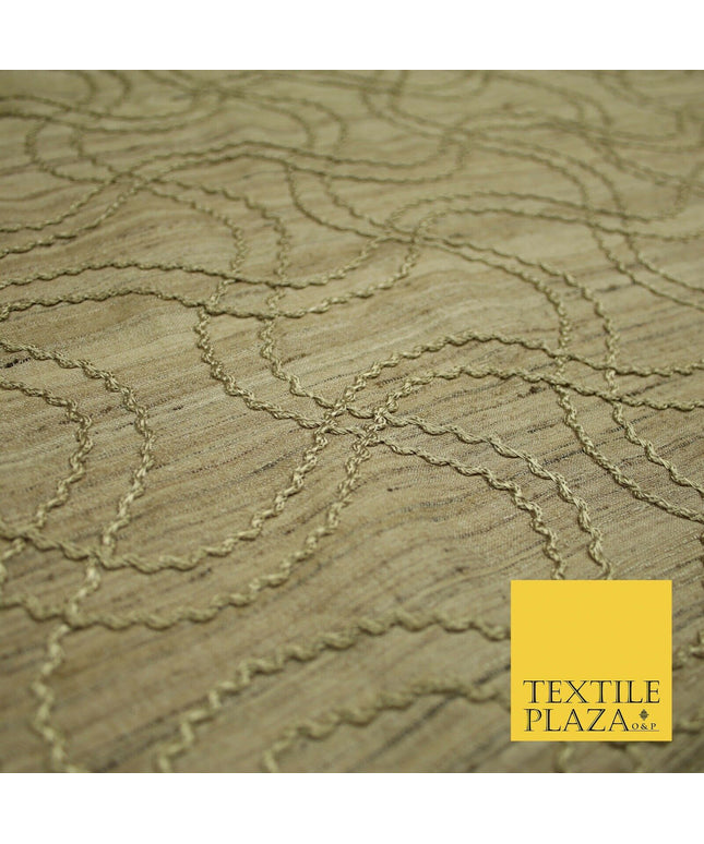 Luxury Beige Gold Tweed Effect Knot Wave Embroidered 100% PURE SILK Fabric 4659