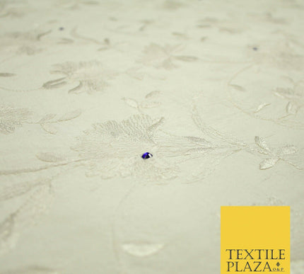 Luxury Ivory Flower Bloom Blue SWAROVSKI Embroidered 100% PURE SILK Fabric 4655