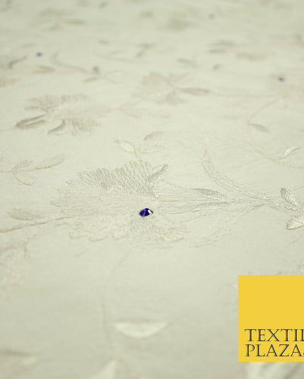 Luxury Ivory Flower Bloom Blue SWAROVSKI Embroidered 100% PURE SILK Fabric 4655
