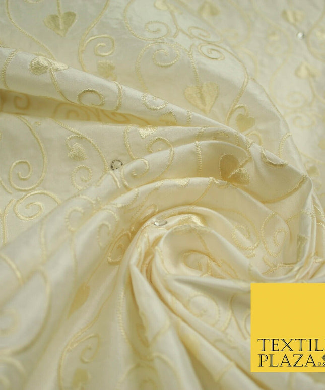 Luxury Ivory Floral Spade Leaf SWAROVSKI Embroidered 100% PURE SILK Fabric 4656