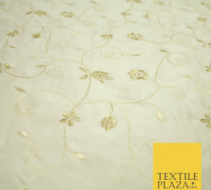 Luxury Ivory Gold Tulip Floral Vine Embroidered 100% PURE SATIN SILK Fabric 4658