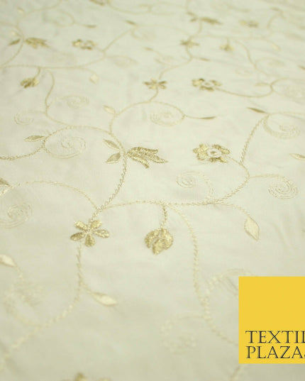 Luxury Ivory Gold Tulip Floral Vine Embroidered 100% PURE SATIN SILK Fabric 4658