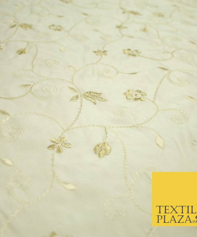 Luxury Ivory Gold Tulip Floral Vine Embroidered 100% PURE SATIN SILK Fabric 4658