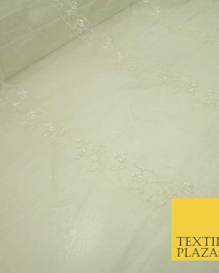 Luxury Ivory Gold Self Floral Stripe Embroidered 100% PURE SILK ORGANZA Fabric