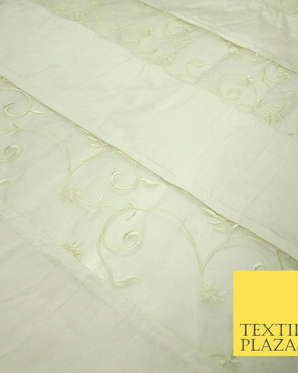 Luxury Ivory Blue Floral Stripe Panel Embroidered 100% PURE SILK ORGANZA Fabric