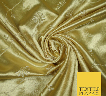 Premium Gold Pink Ivory Floral Embroidered Crepe Back Satin Dress Fabric 44"