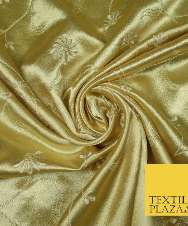 Premium Gold Pink Ivory Floral Embroidered Crepe Back Satin Dress Fabric 44"