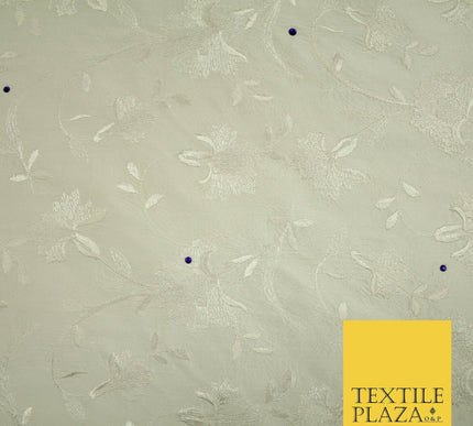 Luxury Ivory Flower Bloom Blue SWAROVSKI Embroidered 100% PURE SILK Fabric 4655