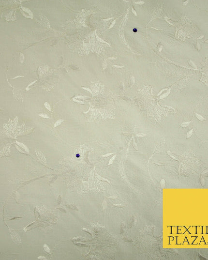 Luxury Ivory Flower Bloom Blue SWAROVSKI Embroidered 100% PURE SILK Fabric 4655