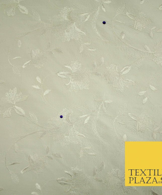 Luxury Ivory Flower Bloom Blue SWAROVSKI Embroidered 100% PURE SILK Fabric 4655