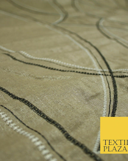 Premium Biscuit Gold Art Deco Embroidered Lurex Linen Upholstery Fabric 53" 4681
