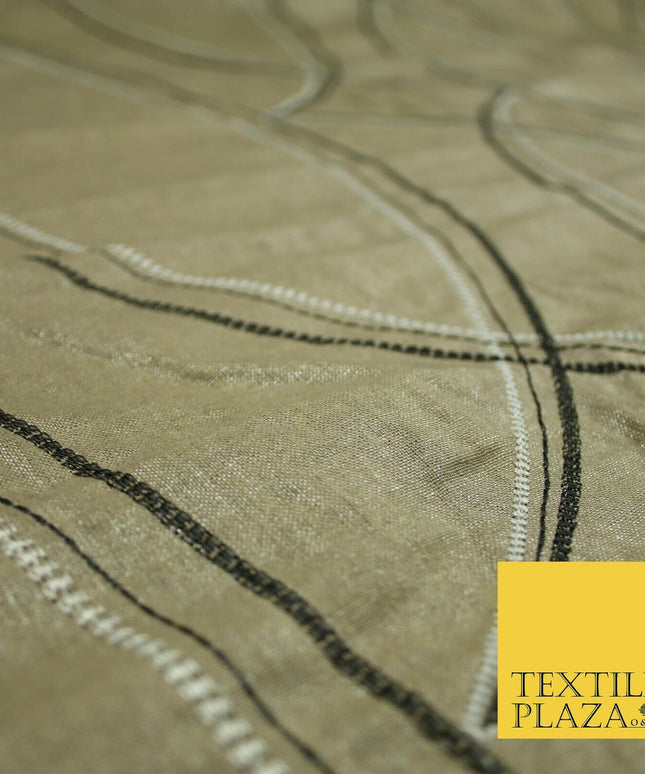 Premium Biscuit Gold Art Deco Embroidered Lurex Linen Upholstery Fabric 53" 4681