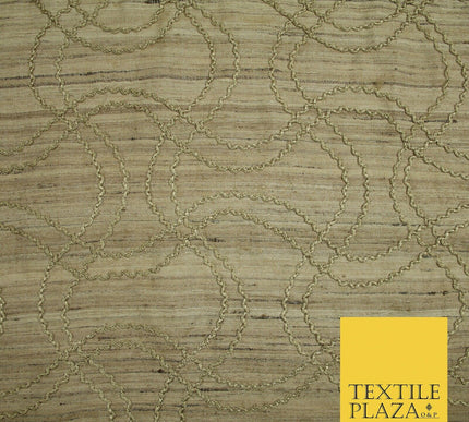 Luxury Beige Gold Tweed Effect Knot Wave Embroidered 100% PURE SILK Fabric 4659
