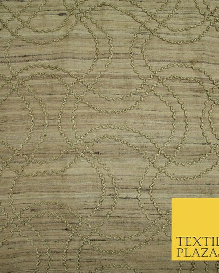 Luxury Beige Gold Tweed Effect Knot Wave Embroidered 100% PURE SILK Fabric 4659