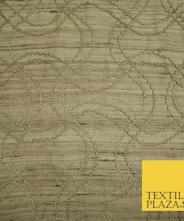 Luxury Beige Gold Tweed Effect Knot Wave Embroidered 100% PURE SILK Fabric 4659