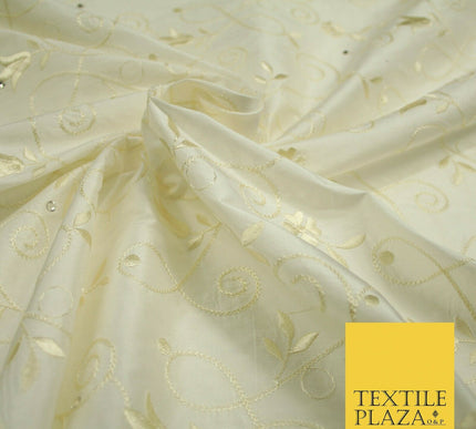 Luxury Ivory Floral Grandeur SWAROVSKI Embroidered 100% PURE SILK Fabric 45"4653