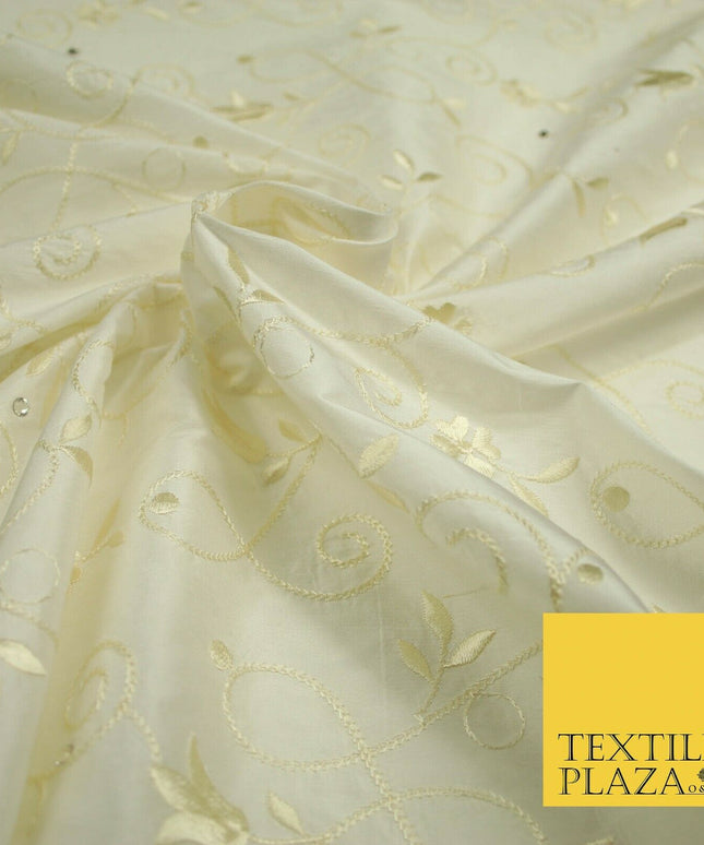 Luxury Ivory Floral Grandeur SWAROVSKI Embroidered 100% PURE SILK Fabric 45"4653