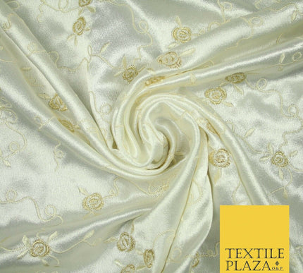 Premium Cream Lilac Floral Ribbons Embroidered Crepe Back Satin Dress Fabric 44"