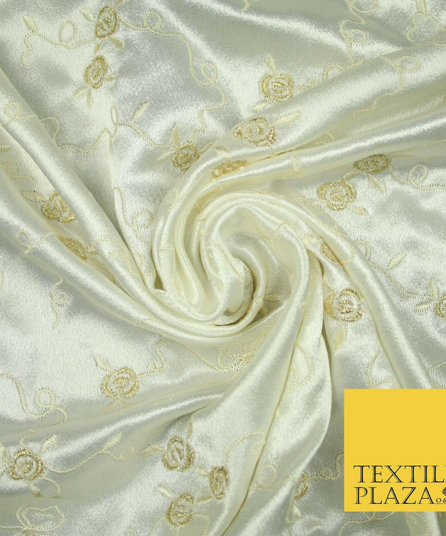 Premium Cream Lilac Floral Ribbons Embroidered Crepe Back Satin Dress Fabric 44"