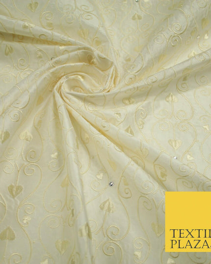 Luxury Ivory Floral Spade Leaf SWAROVSKI Embroidered 100% PURE SILK Fabric 4656