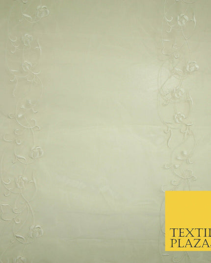 Luxury Ivory Gold Self Floral Stripe Embroidered 100% PURE SILK ORGANZA Fabric