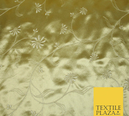 Premium Gold Pink Ivory Floral Embroidered Crepe Back Satin Dress Fabric 44"