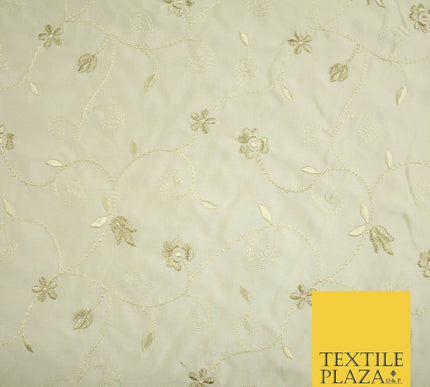 Luxury Ivory Gold Tulip Floral Vine Embroidered 100% PURE SATIN SILK Fabric 4658