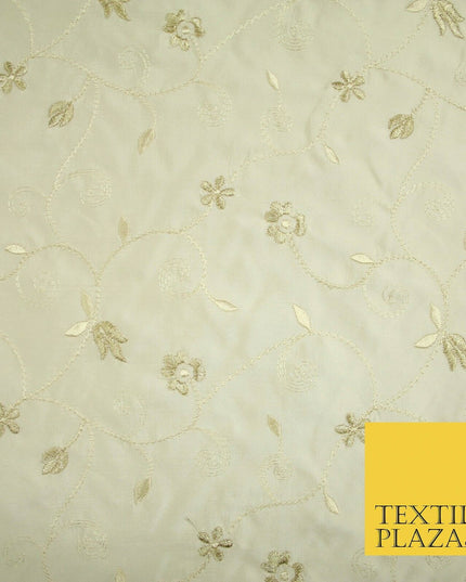 Luxury Ivory Gold Tulip Floral Vine Embroidered 100% PURE SATIN SILK Fabric 4658