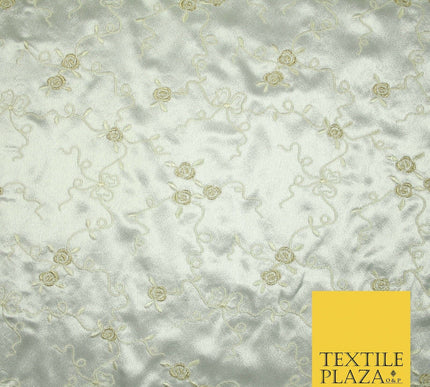 Premium Cream Lilac Floral Ribbons Embroidered Crepe Back Satin Dress Fabric 44"