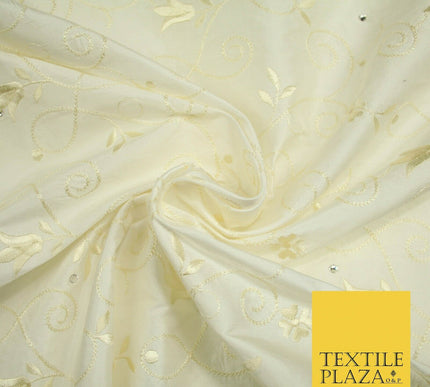 Luxury Ivory Floral Grandeur SWAROVSKI Embroidered 100% PURE SILK Fabric 45"4653